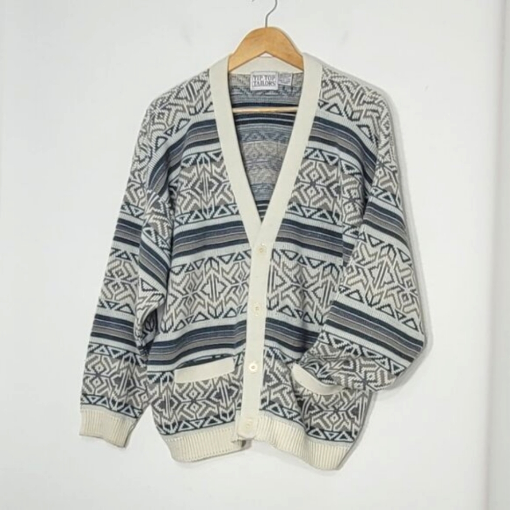 Vintage Tip Top Tailors Gray Blue Ivory Grandpa Knit Pocket Cardigan Cottagecore